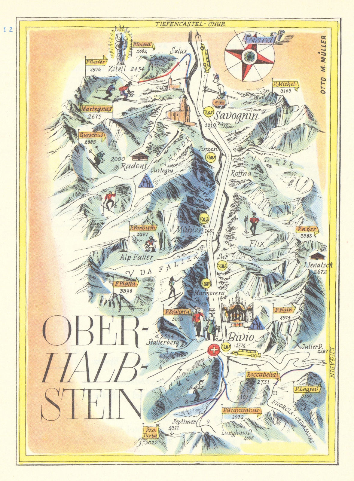 Oberhalbstein Savognin Bivio small ski resort piste/trail map. Müller 1949
